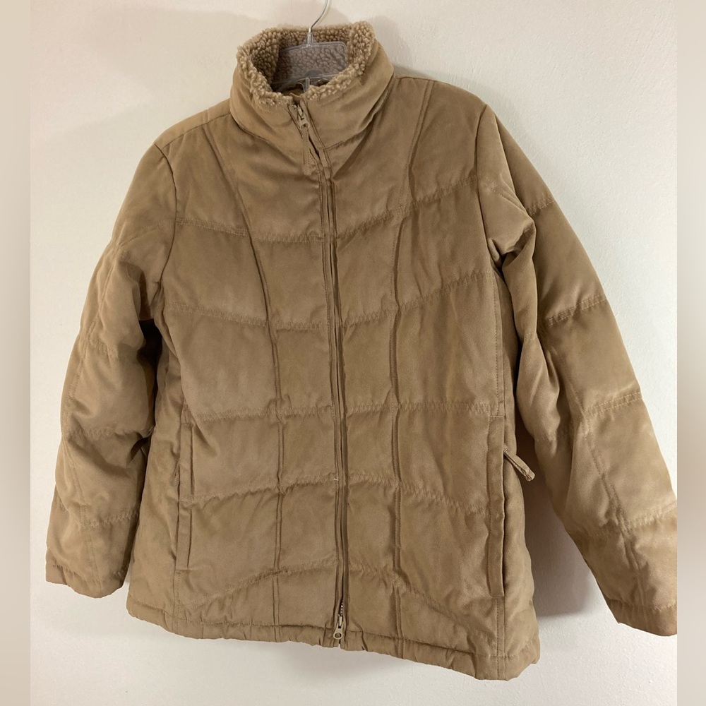LL Bean Goose Down Filled Faux Suede Coat Size Large Petite